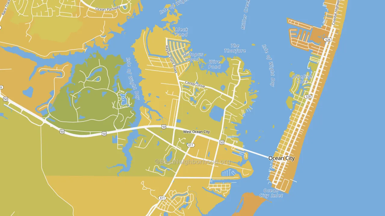 Map of the best neighborhoods in the West Ocean City area, with better matches in green and worse matches in red