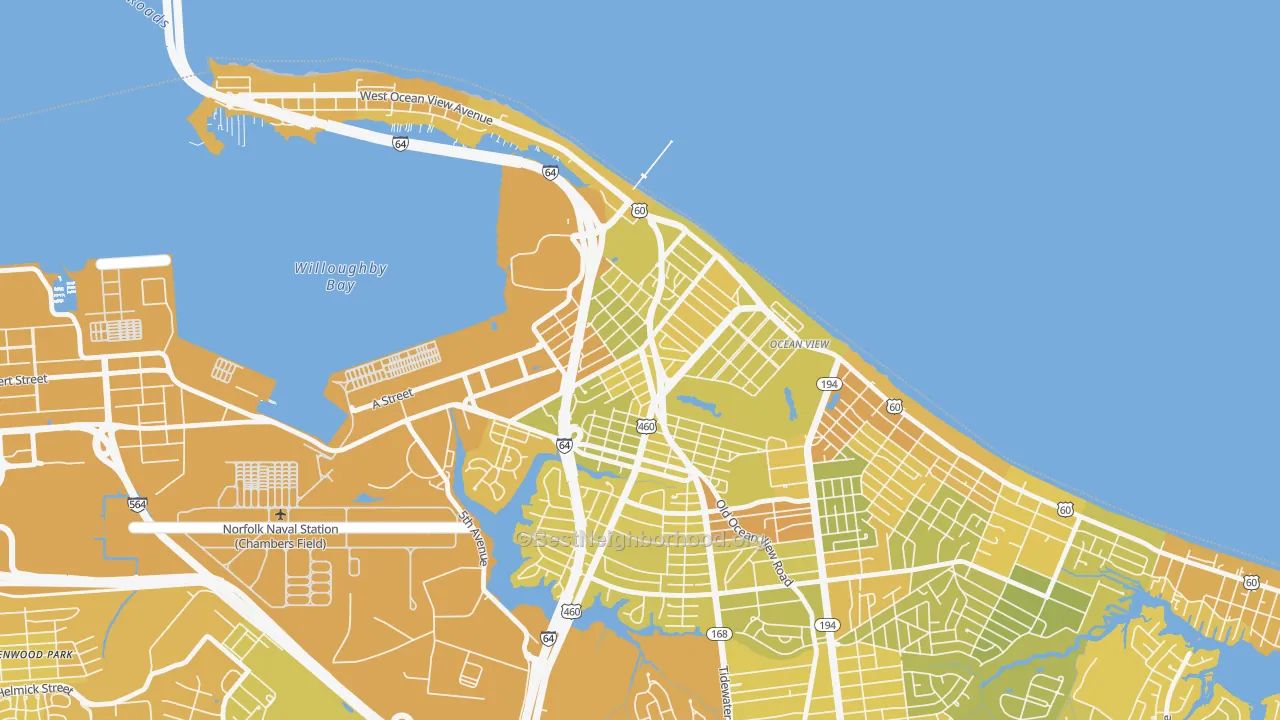 Map of the best neighborhoods in the West Ocean View, Norfolk area, with better matches in green and worse matches in red