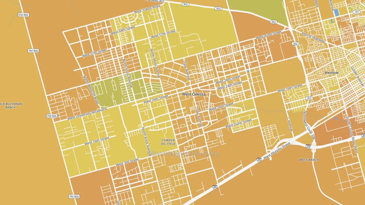 Map of the best neighborhoods in the West Odessa area, with better matches in green and worse matches in red