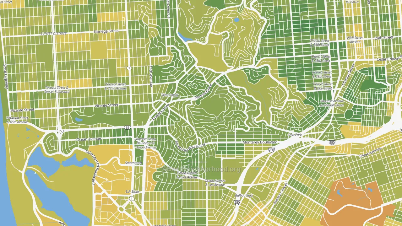 Map of the best neighborhoods in the West of Twin Peaks, San Francisco area, with better matches in green and worse matches in red