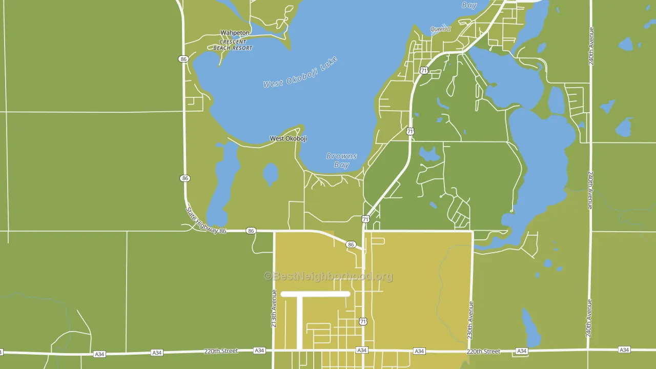 Map of the best neighborhoods in the West Okoboji area, with better matches in green and worse matches in red