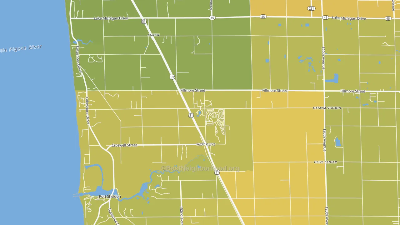 Map of the best neighborhoods in the West Olive area, with better matches in green and worse matches in red