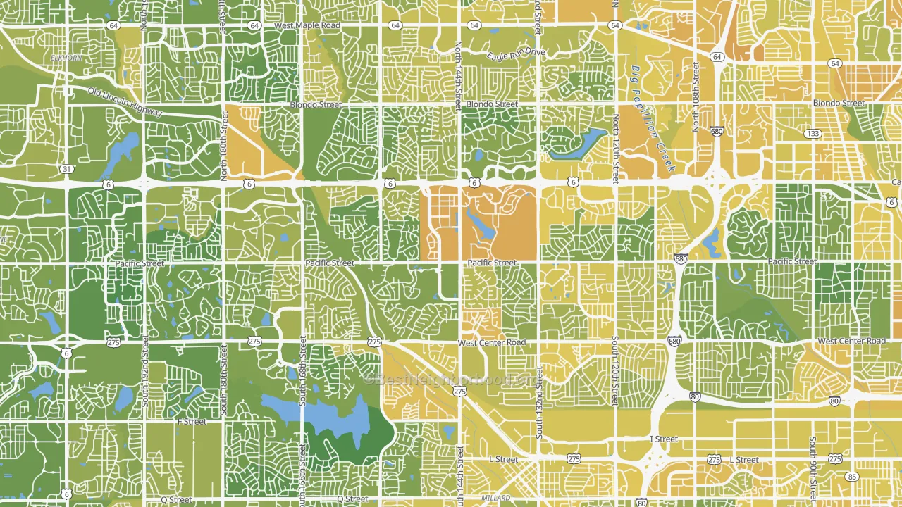 Map of the best neighborhoods in the West Omaha, Omaha area, with better matches in green and worse matches in red