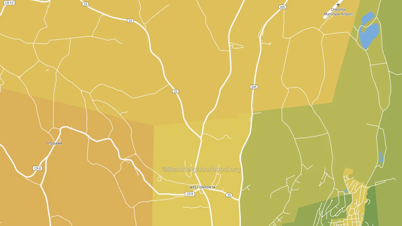 Map of the best neighborhoods in the West Oneonta area, with better matches in green and worse matches in red