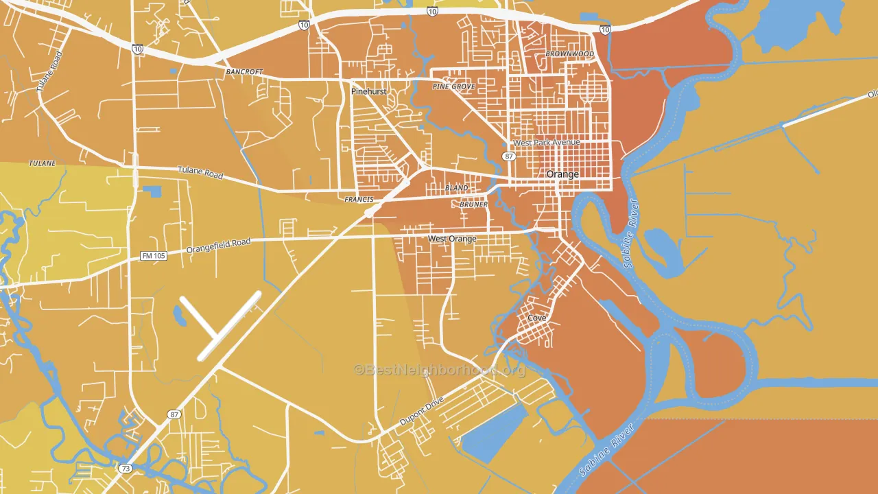 Map of the best neighborhoods in the West Orange area, with better matches in green and worse matches in red