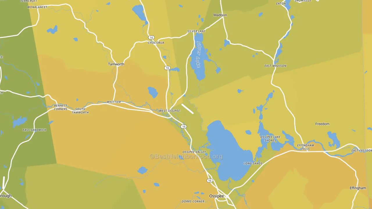 Map of the best neighborhoods in the West Ossipee area, with better matches in green and worse matches in red