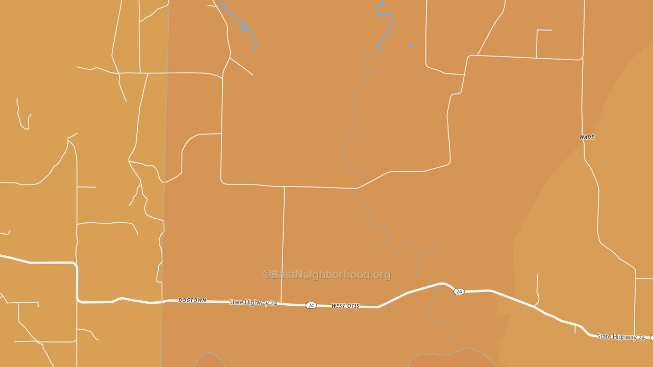 Map of the best neighborhoods in the West Otis area, with better matches in green and worse matches in red