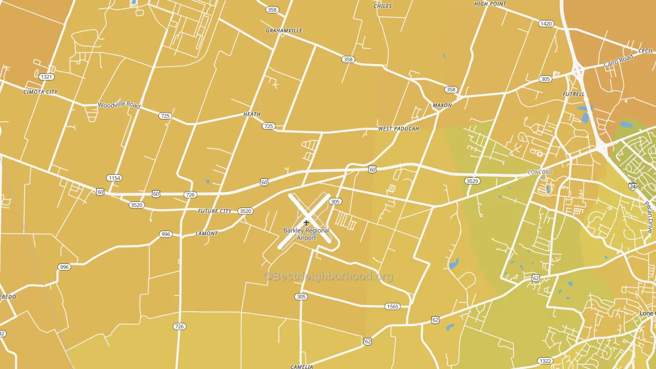 Map of the best neighborhoods in the West Paducah area, with better matches in green and worse matches in red