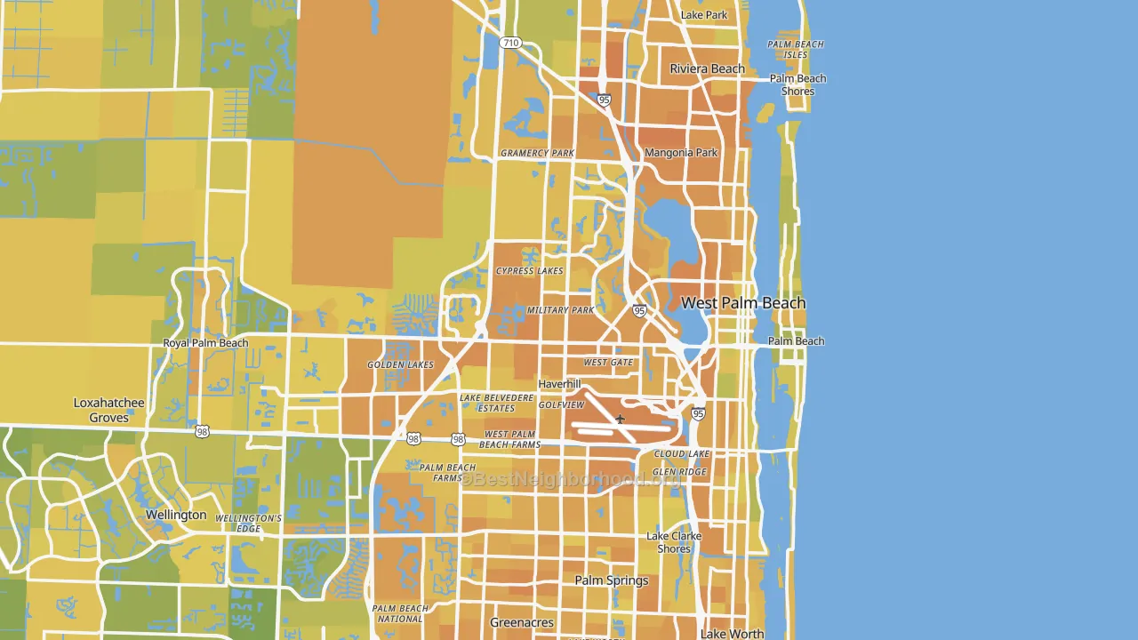 Map of the best neighborhoods in the West Palm Beach area, with better matches in green and worse matches in red