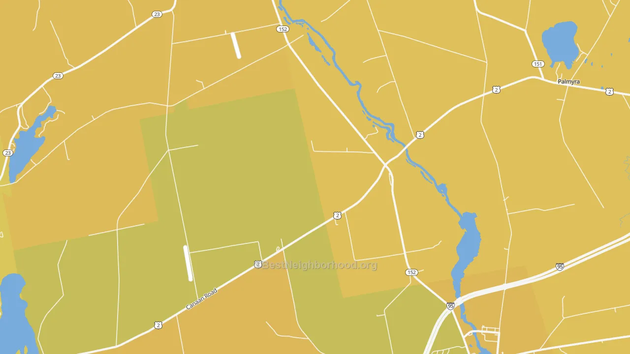 Map of the best neighborhoods in the West Palmyra area, with better matches in green and worse matches in red
