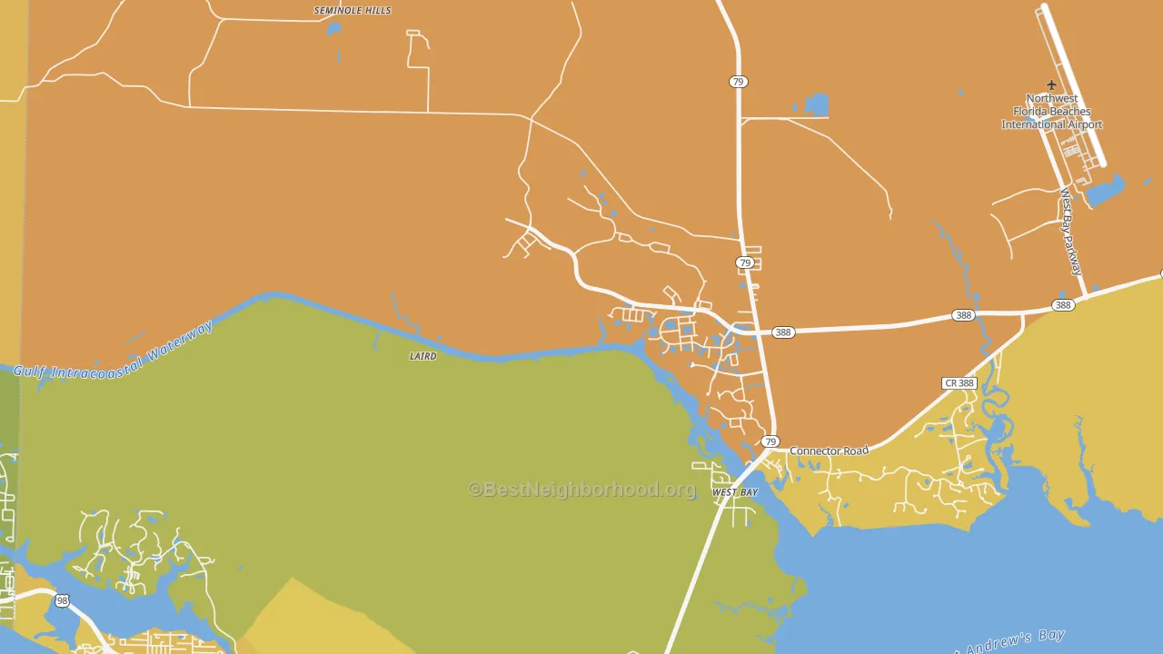 Map of the best neighborhoods in the West Panama City Beach area, with better matches in green and worse matches in red