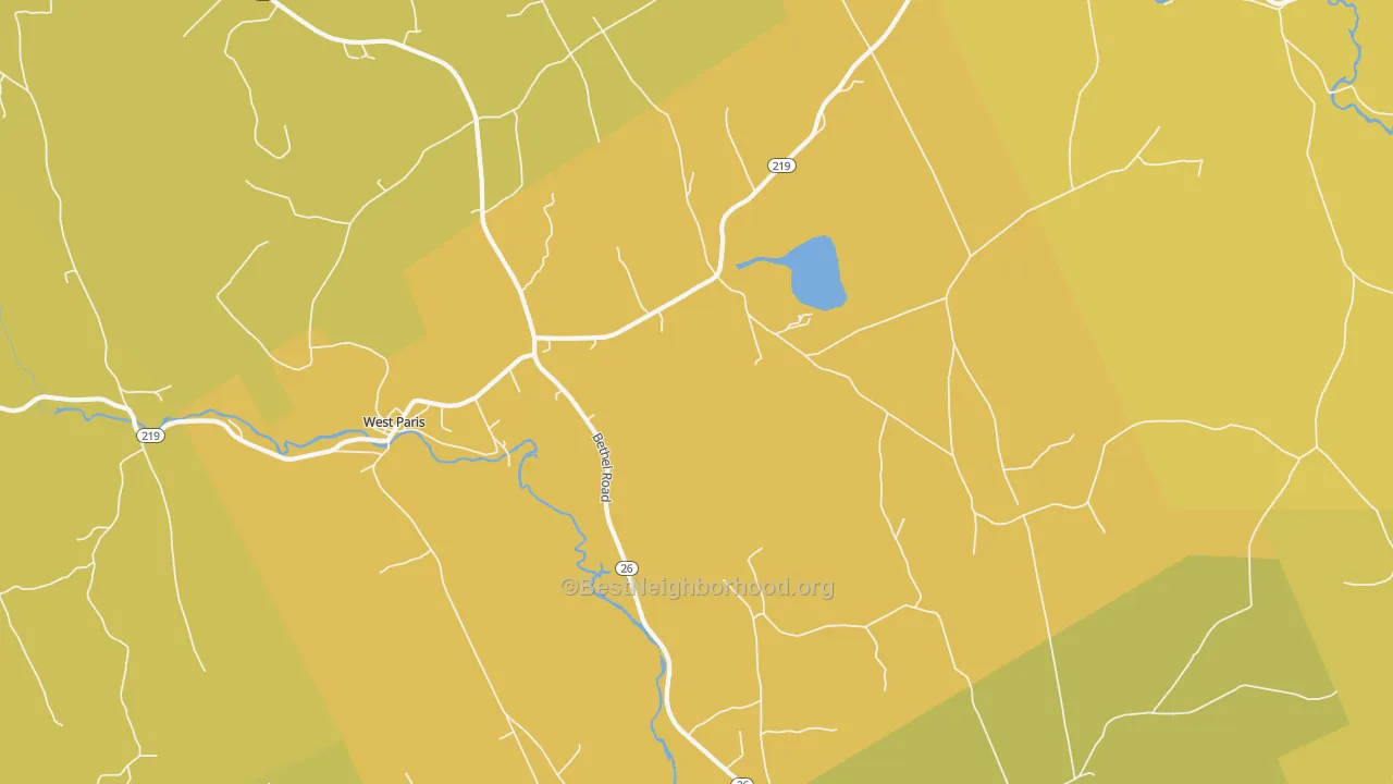 Map of the best neighborhoods in the West Paris area, with better matches in green and worse matches in red