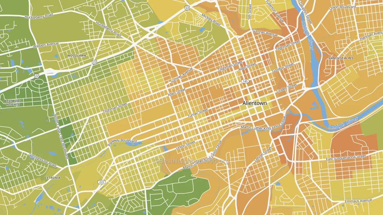 Map of the best neighborhoods in the West Park, Allentown area, with better matches in green and worse matches in red