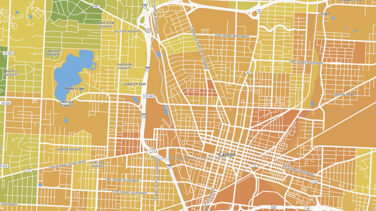 Map of the best neighborhoods in the West Park, Canton area, with better matches in green and worse matches in red