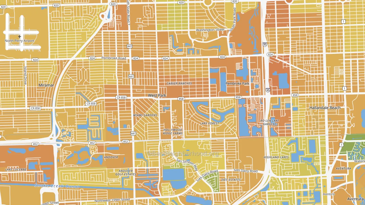 Map of the best neighborhoods in the West Park area, with better matches in green and worse matches in red