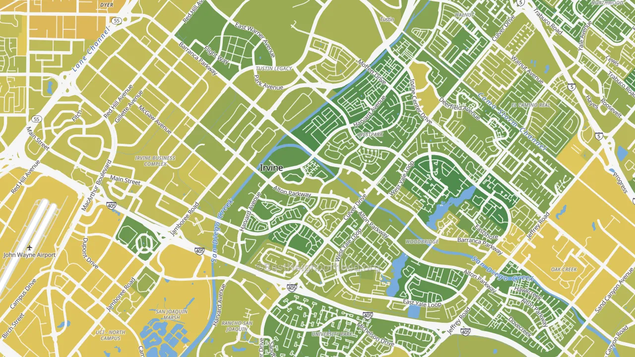 Map of the best neighborhoods in the West Park, Irvine area, with better matches in green and worse matches in red
