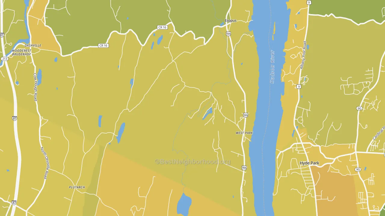 Map of the best neighborhoods in the West Park area, with better matches in green and worse matches in red
