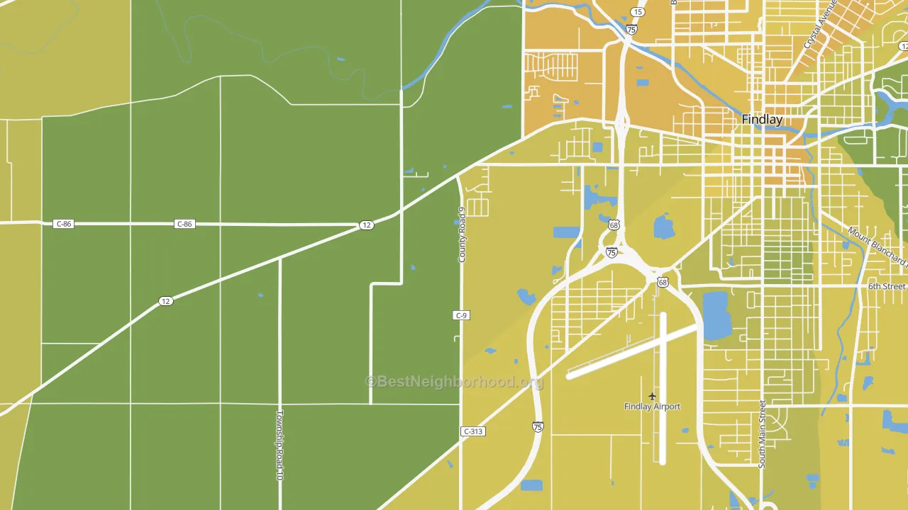 Map of the best neighborhoods in the West Park area, with better matches in green and worse matches in red
