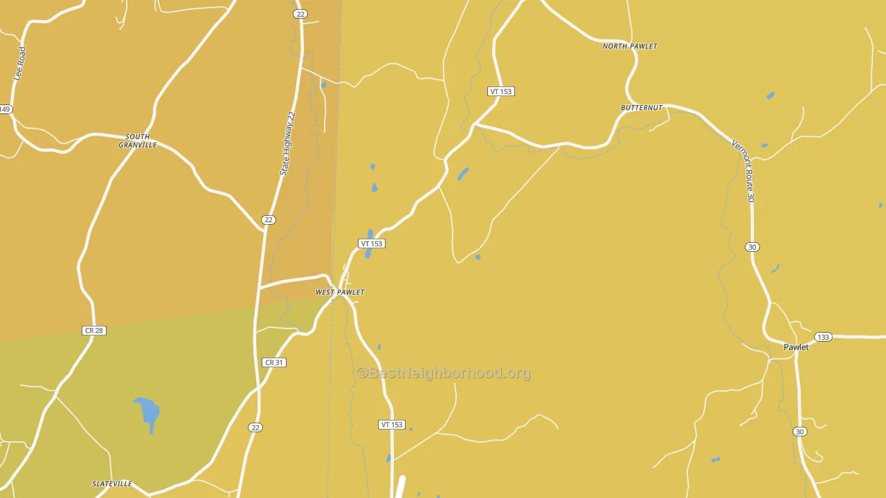 Map of the best neighborhoods in the West Pawlet area, with better matches in green and worse matches in red
