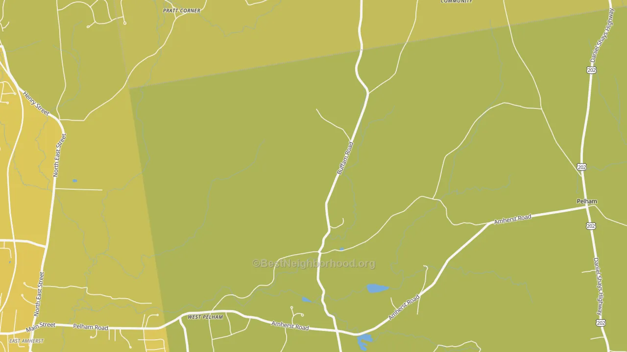Map of the best neighborhoods in the West Pelham area, with better matches in green and worse matches in red