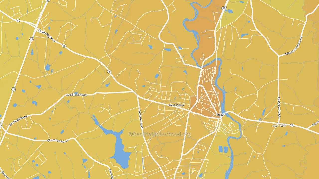 Map of the best neighborhoods in the West Pelzer area, with better matches in green and worse matches in red