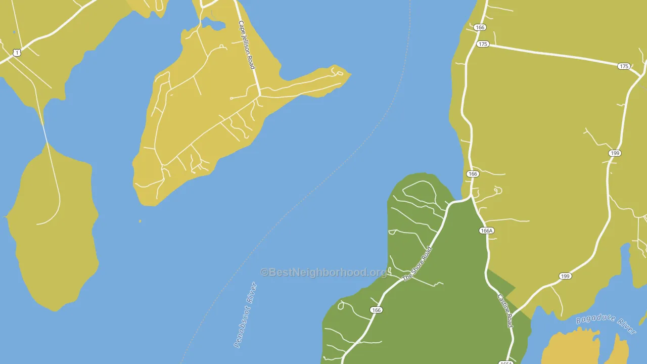 Map of the best neighborhoods in the West Penobscot area, with better matches in green and worse matches in red