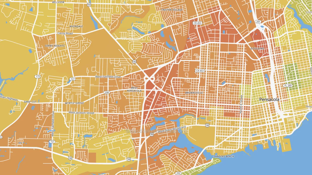 Map of the best neighborhoods in the West Pensacola area, with better matches in green and worse matches in red