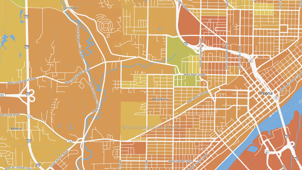 Map of the best neighborhoods in the West Peoria area, with better matches in green and worse matches in red