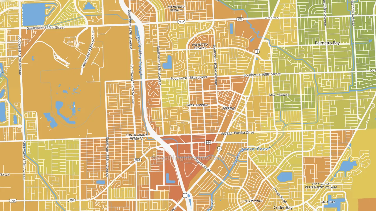 Map of the best neighborhoods in the West Perrine area, with better matches in green and worse matches in red