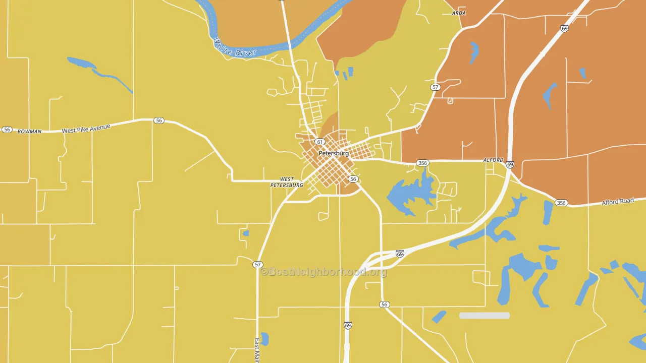 Map of the best neighborhoods in the West Petersburg area, with better matches in green and worse matches in red
