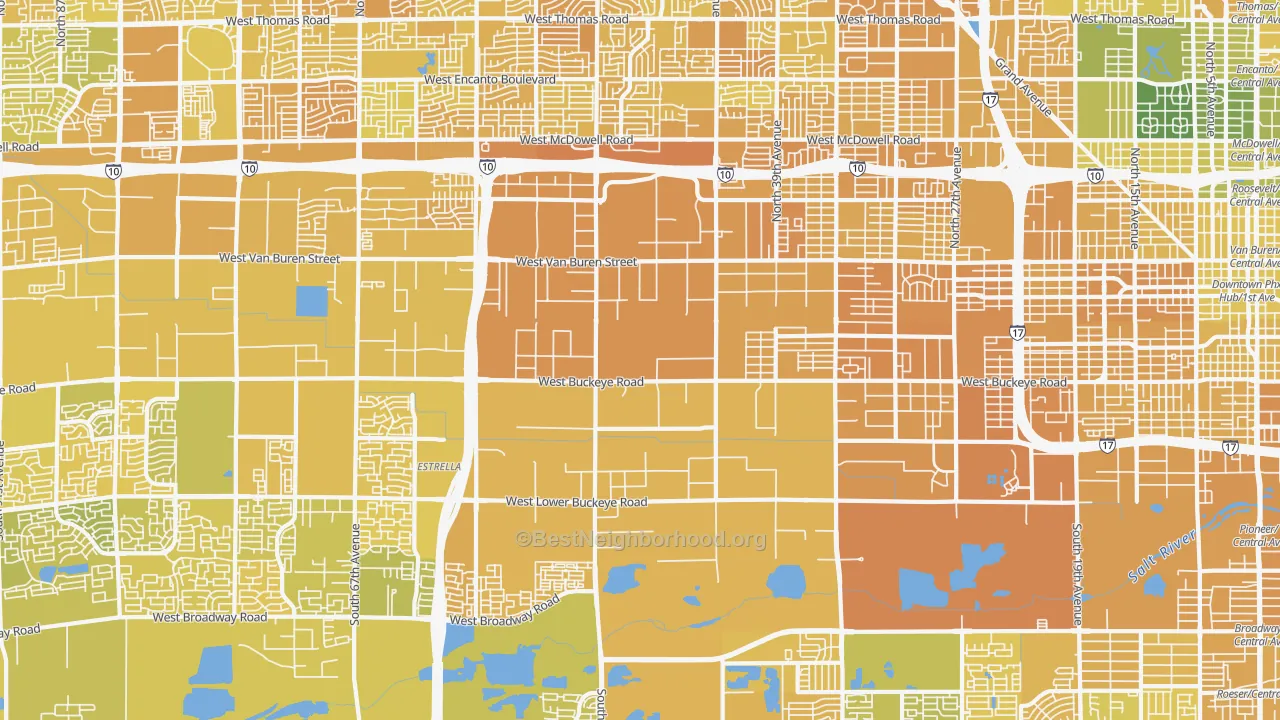 Map of the best neighborhoods in the West Phoenix, Phoenix area, with better matches in green and worse matches in red