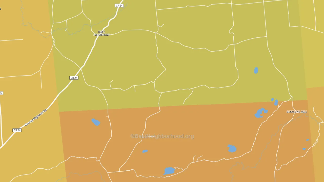 Map of the best neighborhoods in the West Pierrepont area, with better matches in green and worse matches in red