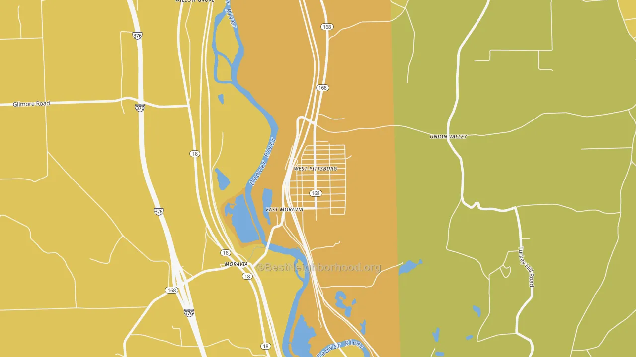 Map of the best neighborhoods in the West Pittsburg area, with better matches in green and worse matches in red