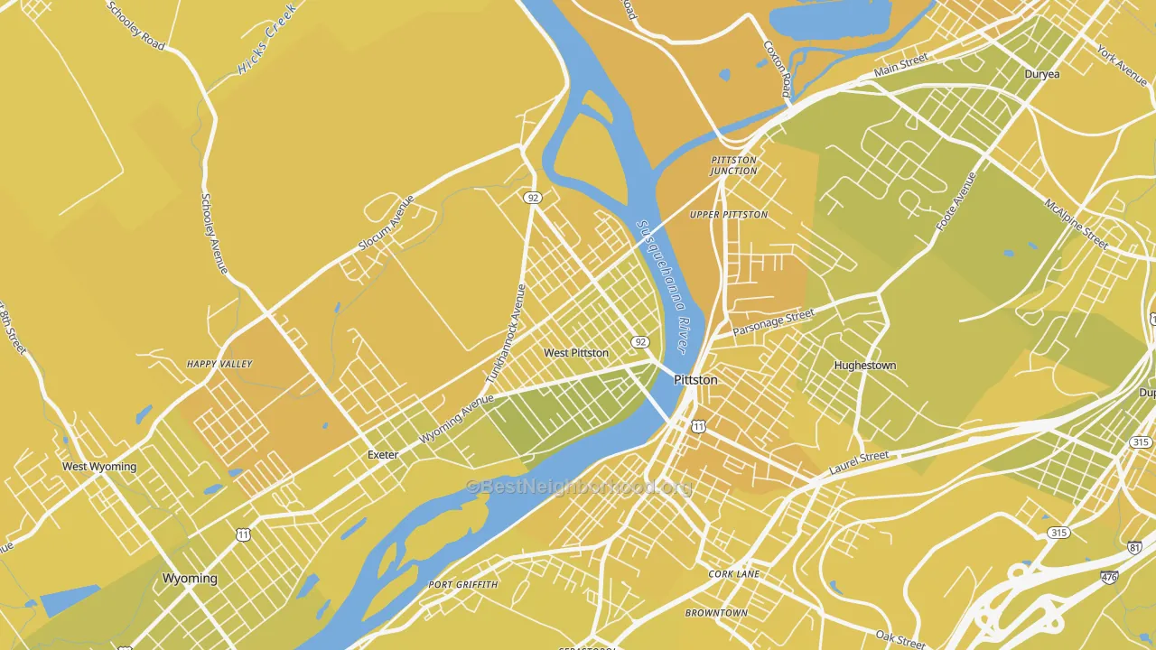 Map of the best neighborhoods in the West Pittston area, with better matches in green and worse matches in red