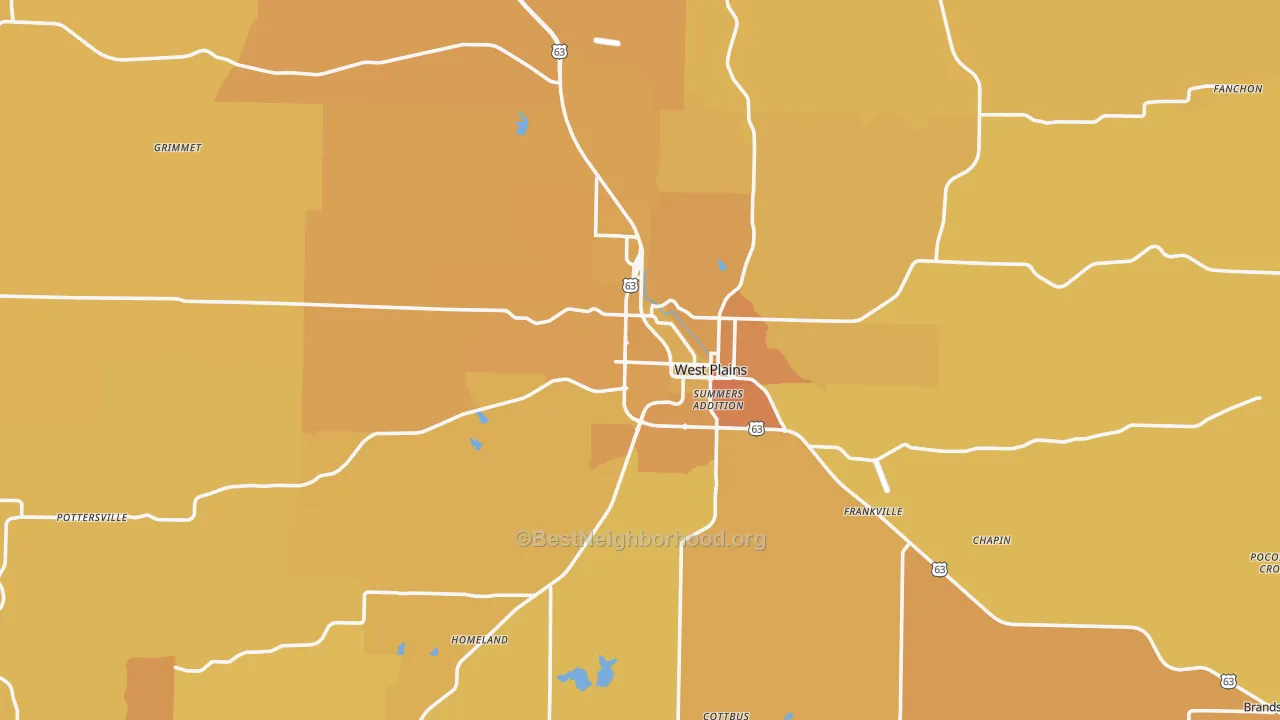 Map of the best neighborhoods in the West Plains area, with better matches in green and worse matches in red
