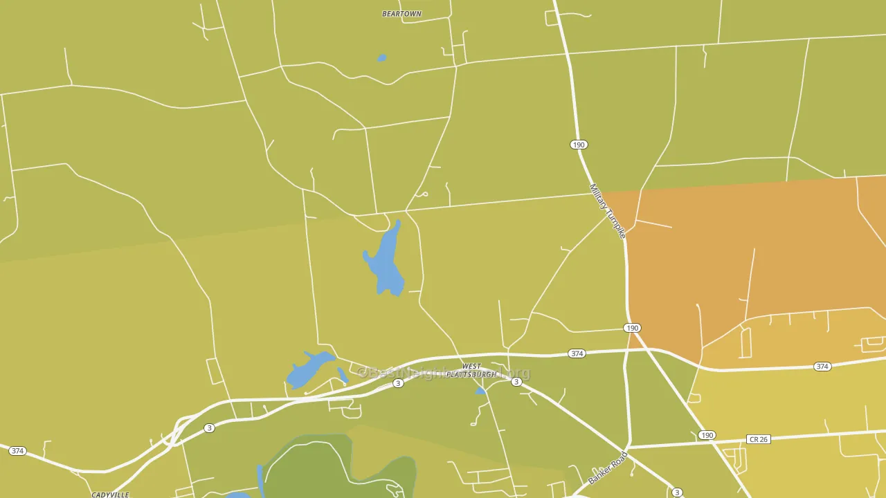 Map of the best neighborhoods in the West Plattsburg area, with better matches in green and worse matches in red