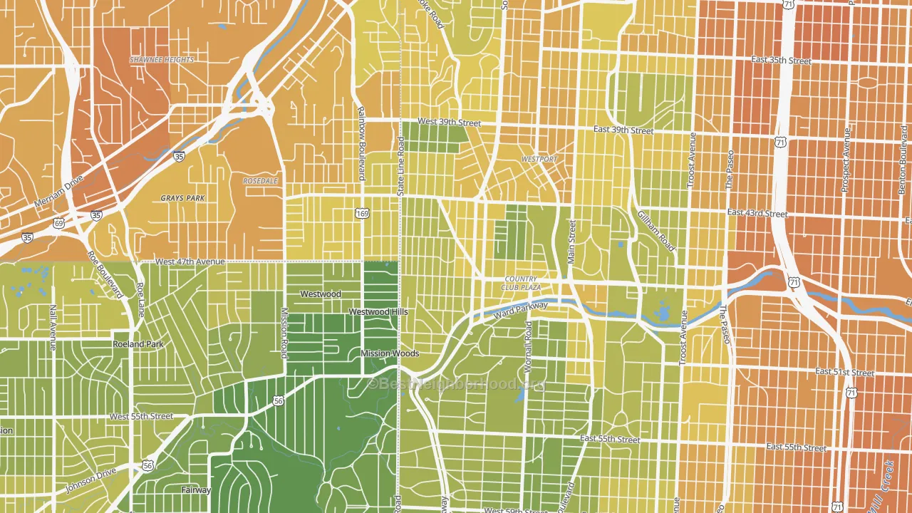 Map of the best neighborhoods in the West Plaza, Kansas City area, with better matches in green and worse matches in red