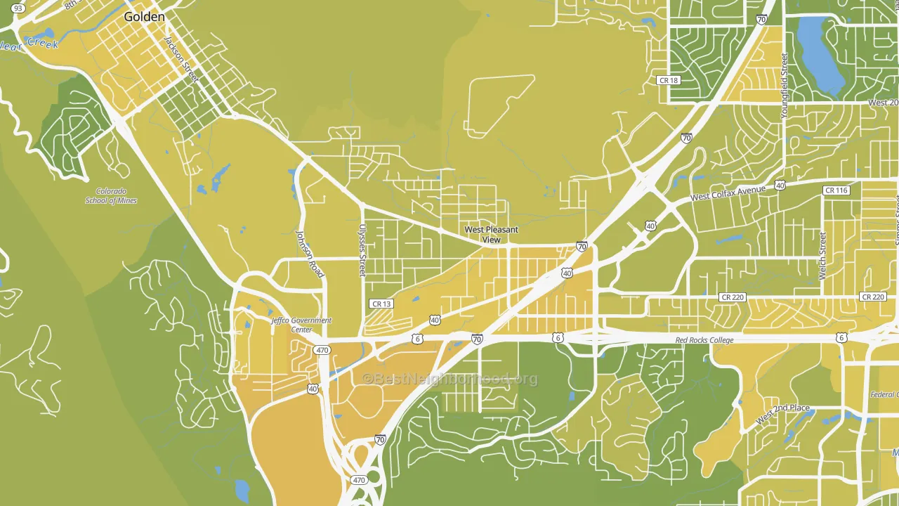 Map of the best neighborhoods in the West Pleasant View area, with better matches in green and worse matches in red