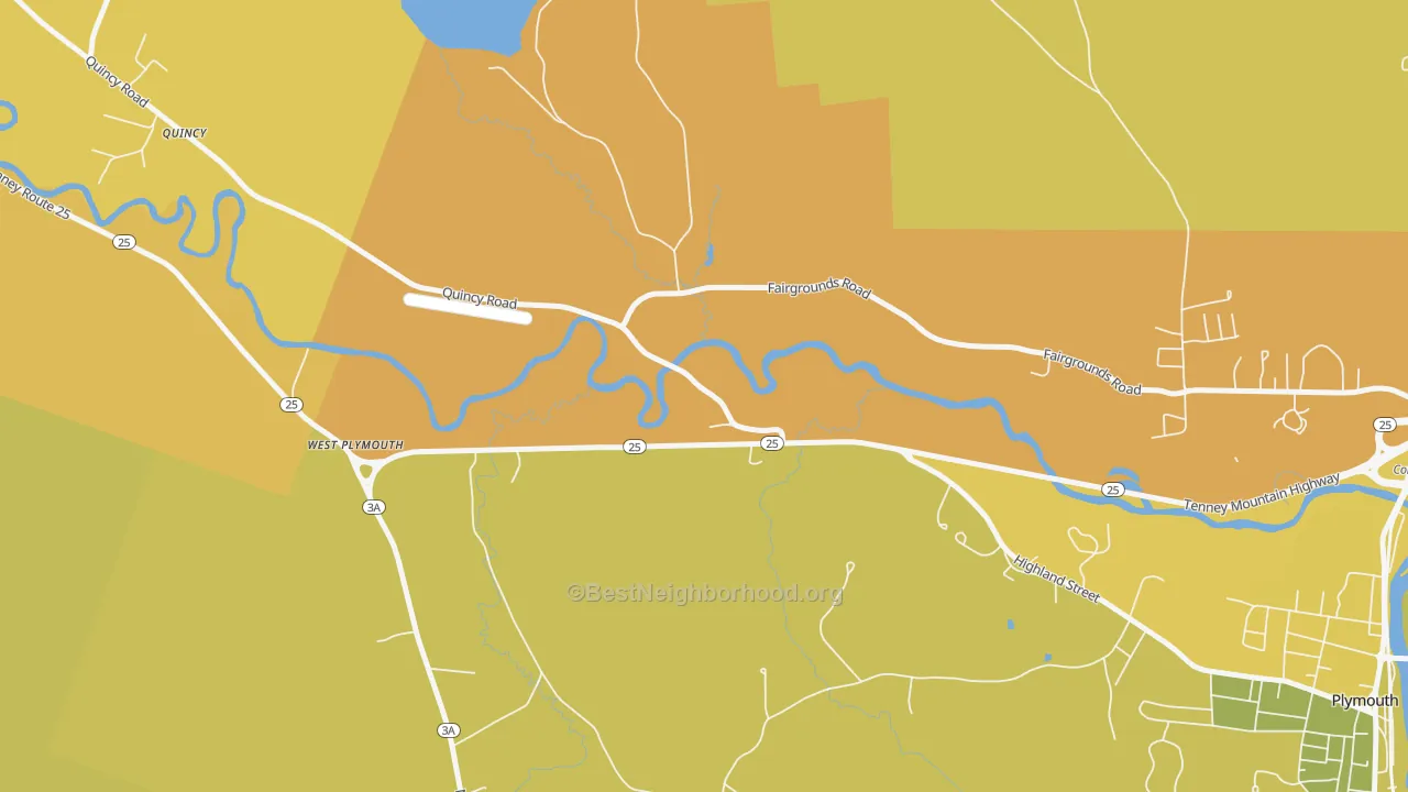 Map of the best neighborhoods in the West Plymouth area, with better matches in green and worse matches in red