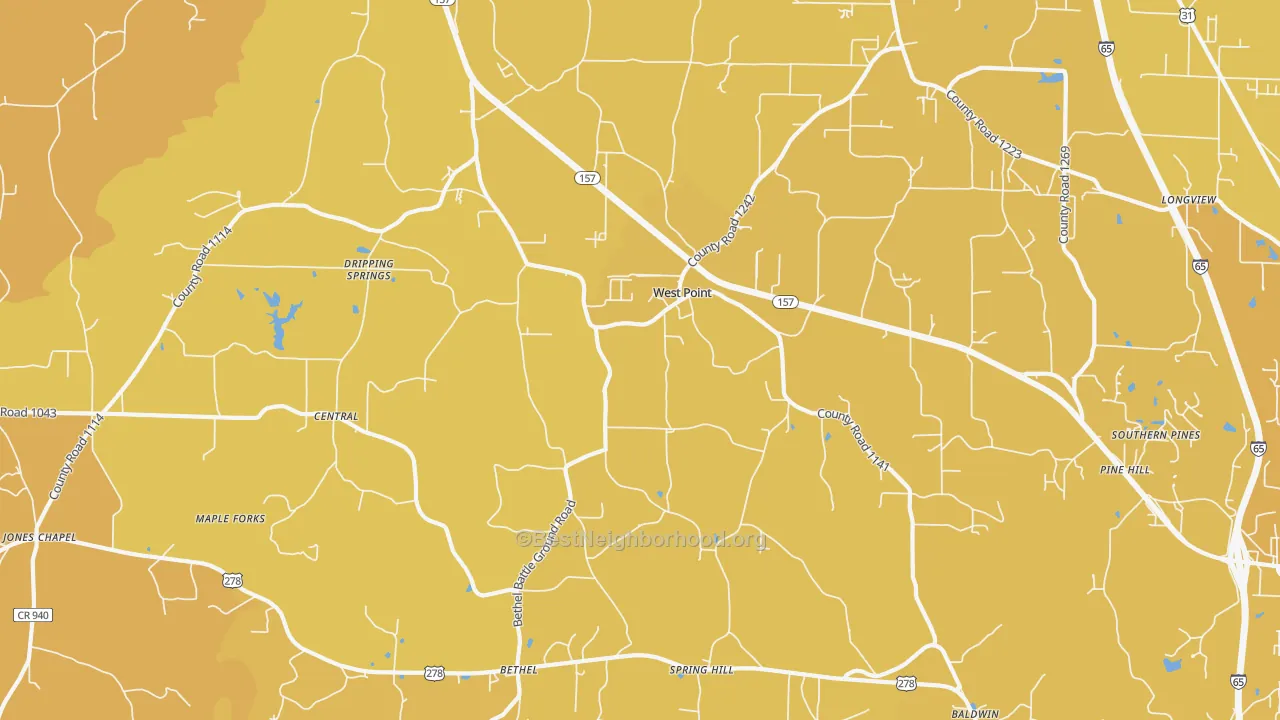Map of the best neighborhoods in the West Point area, with better matches in green and worse matches in red