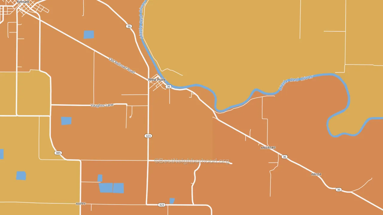 Map of the best neighborhoods in the West Point area, with better matches in green and worse matches in red