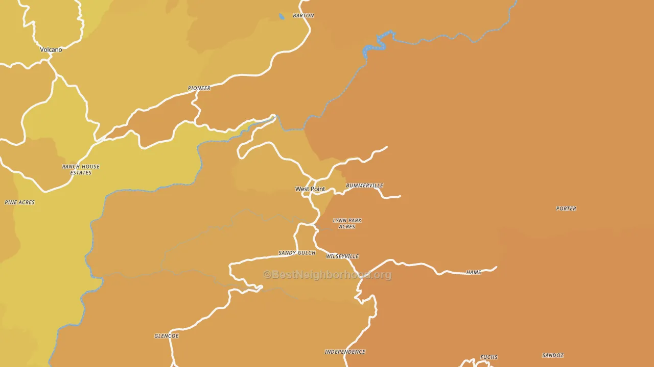 Map of the best neighborhoods in the West Point area, with better matches in green and worse matches in red