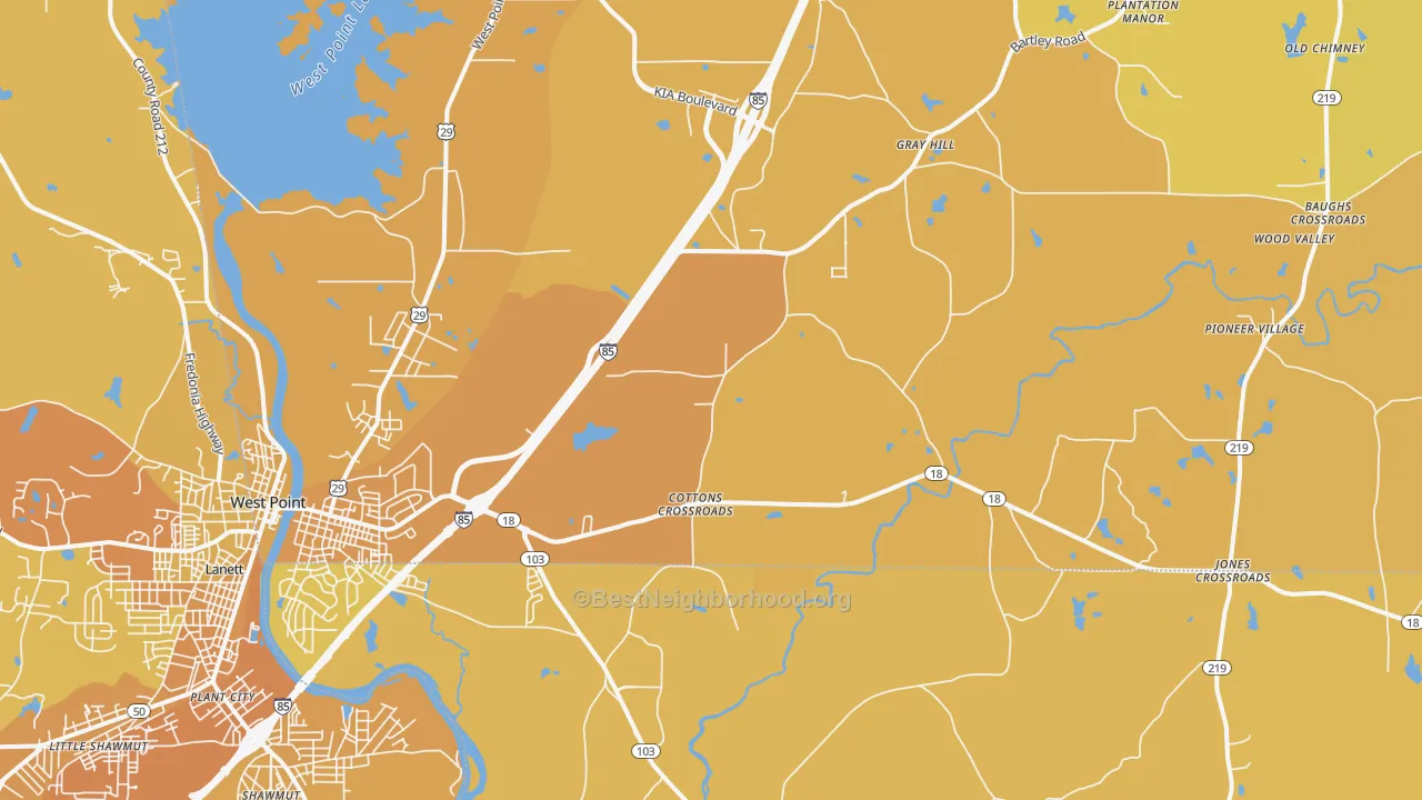 Map of the best neighborhoods in the West Point area, with better matches in green and worse matches in red