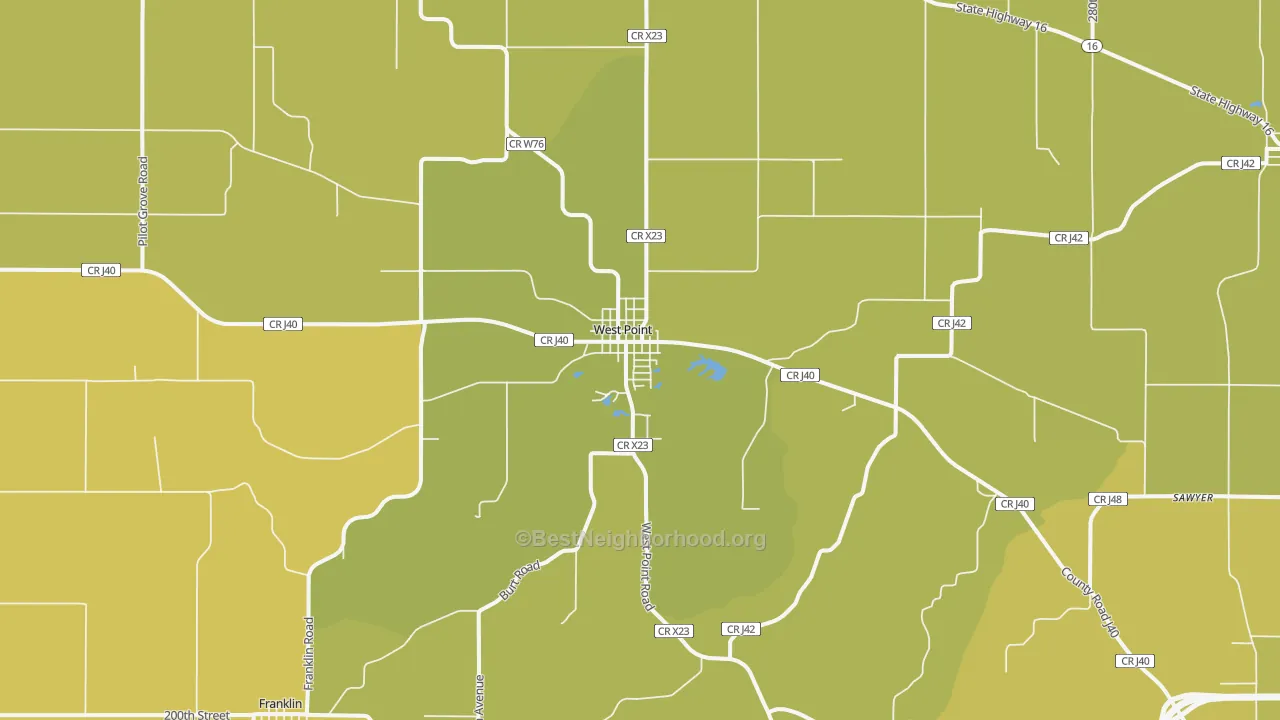 Map of the best neighborhoods in the West Point area, with better matches in green and worse matches in red
