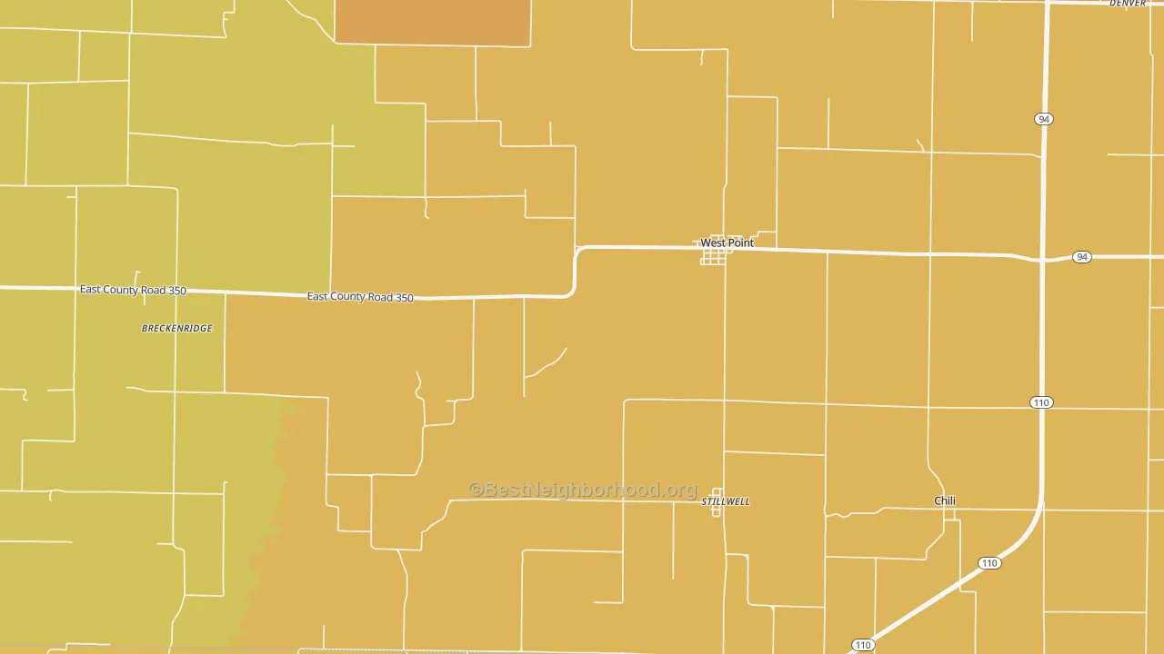 Map of the best neighborhoods in the West Point area, with better matches in green and worse matches in red