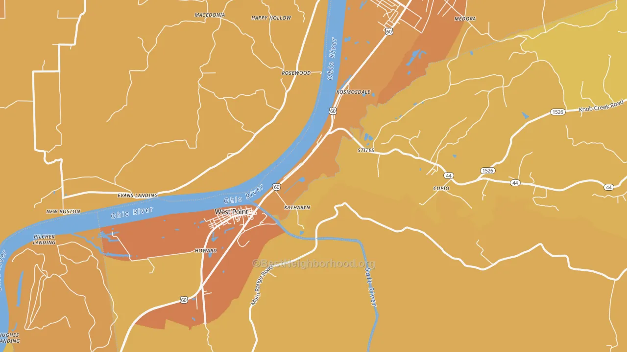 Map of the best neighborhoods in the West Point area, with better matches in green and worse matches in red