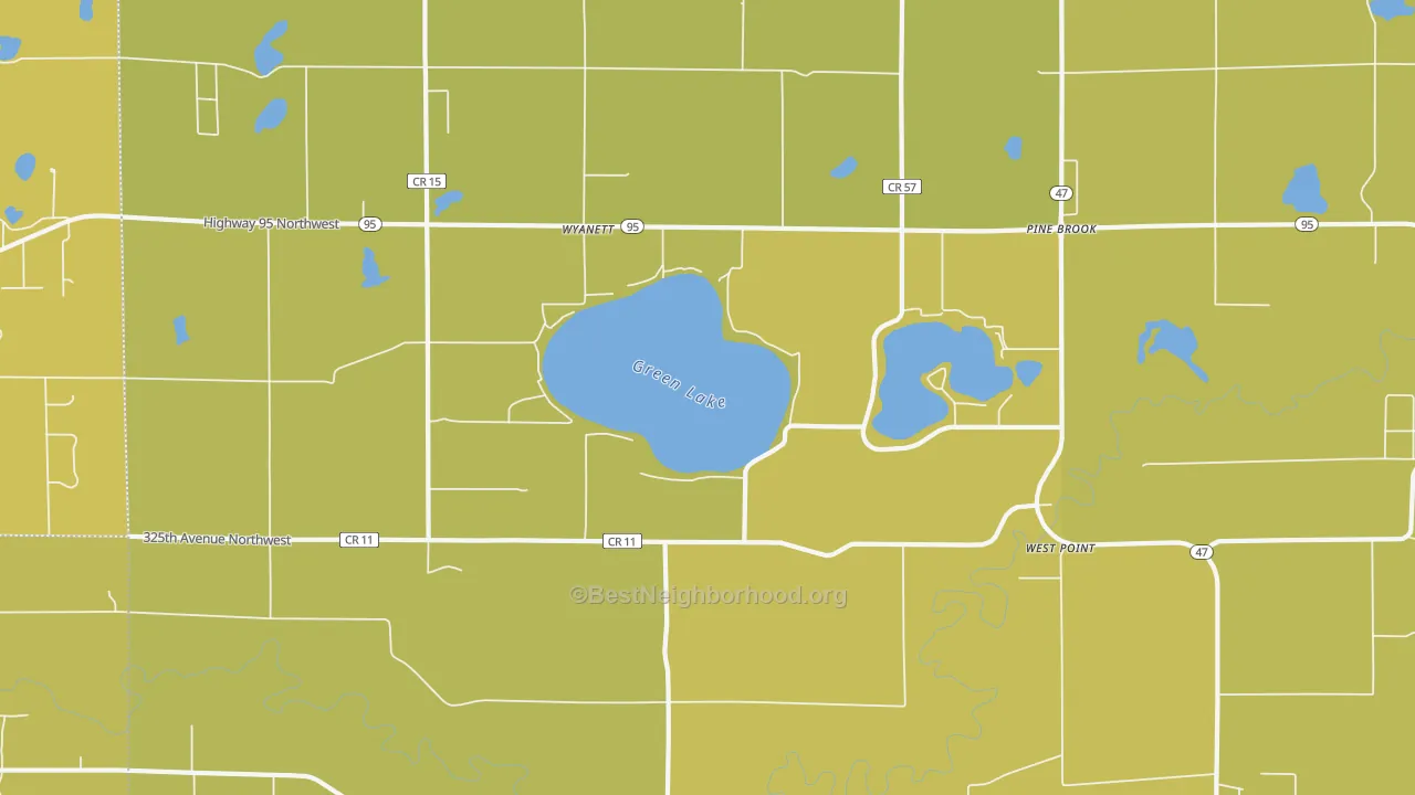 Map of the best neighborhoods in the West Point area, with better matches in green and worse matches in red
