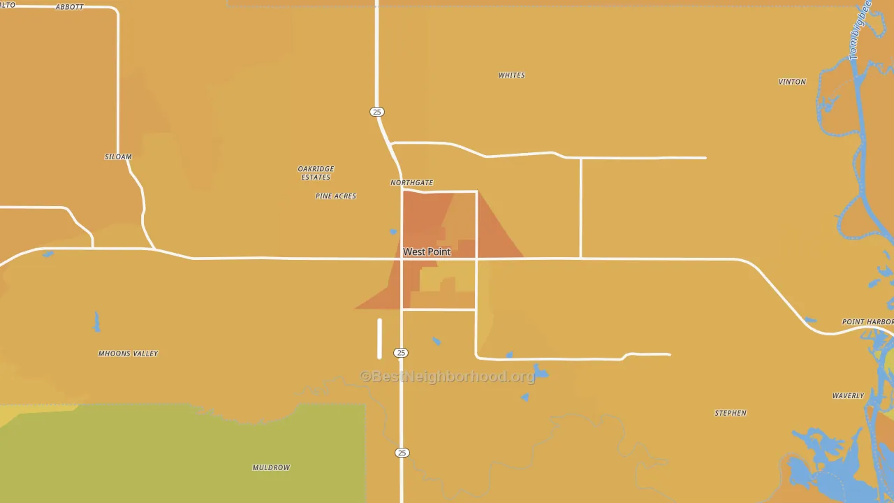 Map of the best neighborhoods in the West Point area, with better matches in green and worse matches in red