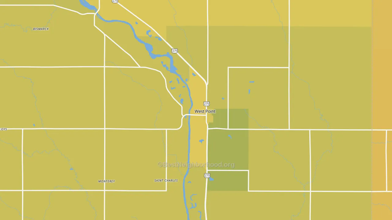 Map of the best neighborhoods in the West Point area, with better matches in green and worse matches in red