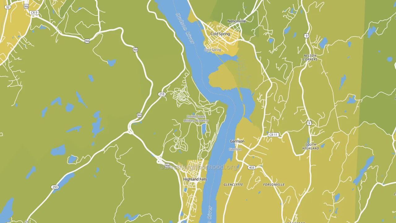 Map of the best neighborhoods in the West Point area, with better matches in green and worse matches in red
